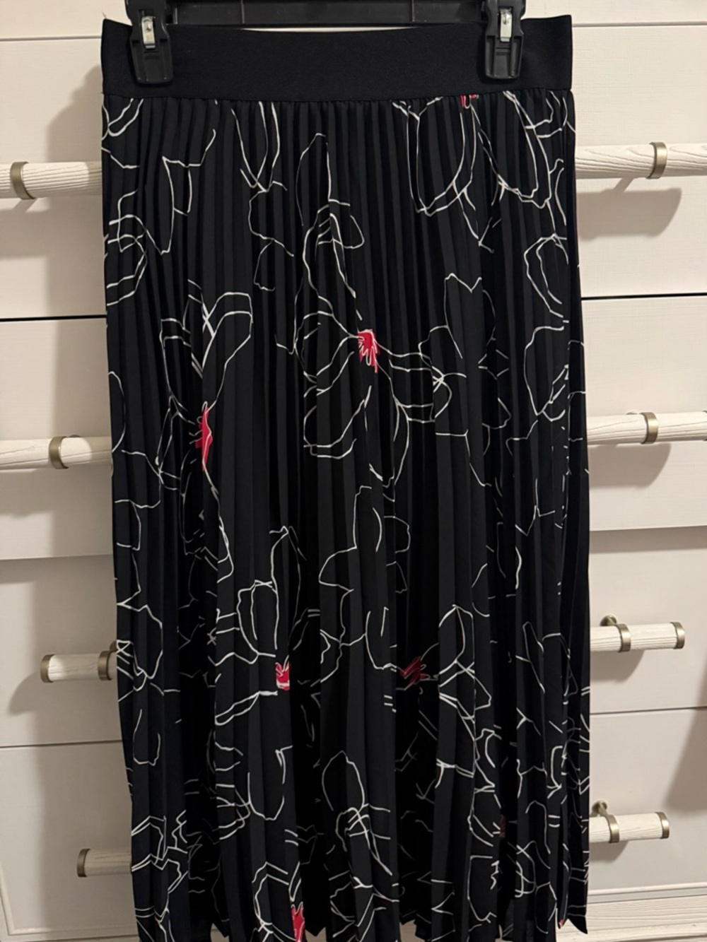 Alfani Black Pleated Midi Skirt with White Floral Outline and Pink Accents